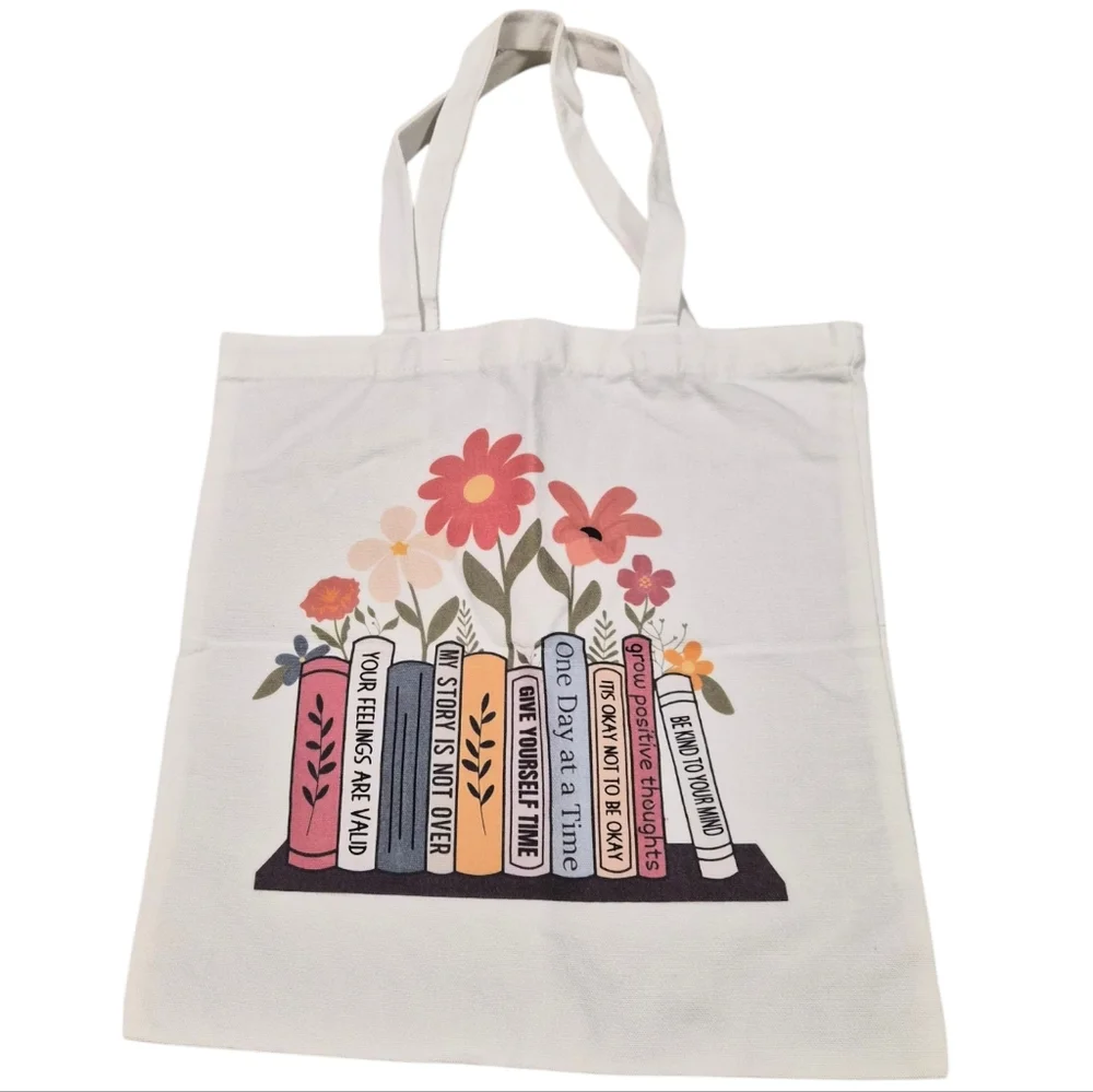 Floral Book Stack Inspirational Canvas Tote Bag